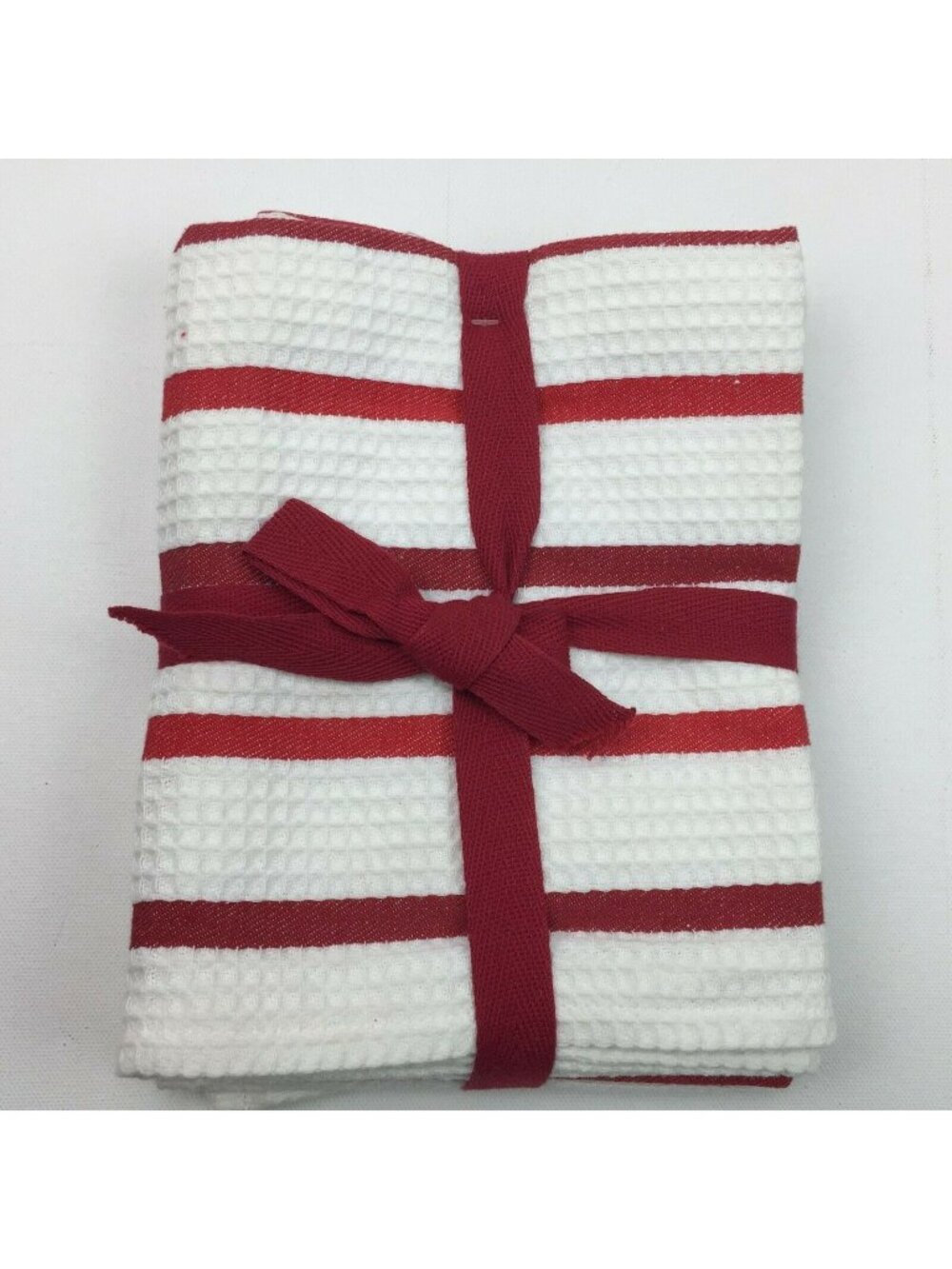 Red & White Waffle Weave Kitchen Dish Towels Set Of 2 Striped Design Gift Ready